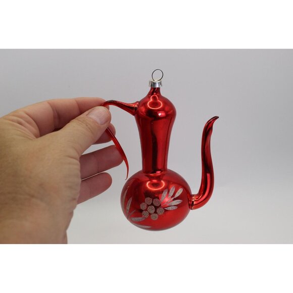 Vintage Red Glass Teapot Ornament - Hand Blown Polish Christmas Decor 1950s - Picture 9 of 10